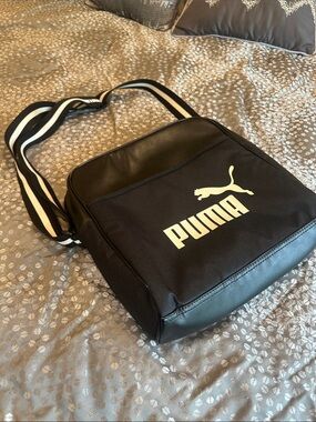 Puma Black Messenger Bag with White Logo and Striped Strap
